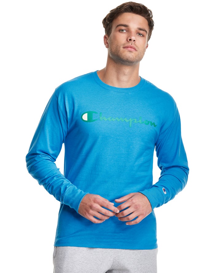 Champion Mens T-Shirt NZ - Classic Long-Sleeve Script Logo Blue ( 6428-KCXWD )